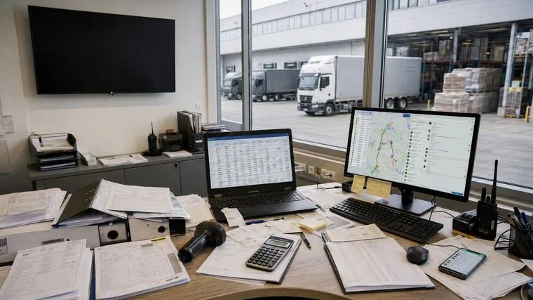 Transport- und Logistikbetrieb: Disposition am Bildschirm mit Lastwagen im Hintergrund