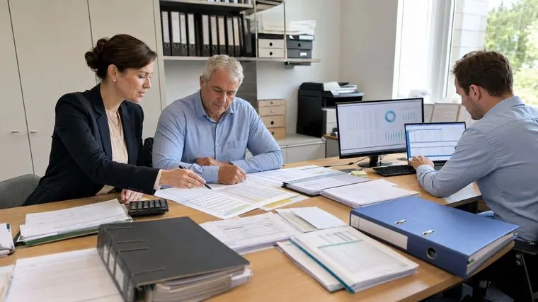 Immobilien und Treuhand: Beratungsgespräch am Tisch mit Dossiers und Auswertungen